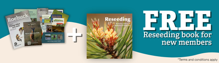 This image is an advertisement for the Northumberland Wildlife Trust. It shows a collection of wildlife-themed publications and a book titled "Reseeding: Restoring wildness at Kielderhead Wildwood."