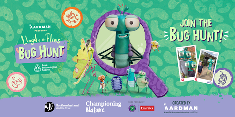 This is promotional material for a "bug hunt" based on the Aardman Animations series, *Lloyd of the Flies*. The image features cartoon bugs, including the main character Lloyd, a friendly-looking stick insect, prominently displayed in a magnifying glass. Smaller cartoon bugs are shown alongside him. There are also photos of children participating in real-world bug hunts with augmented reality overlays of the cartoon bugs.