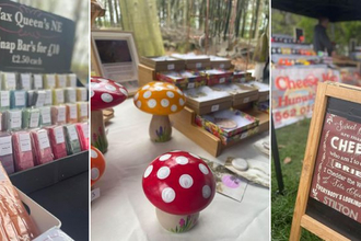 Five images side by side of a outdoor food and craft market